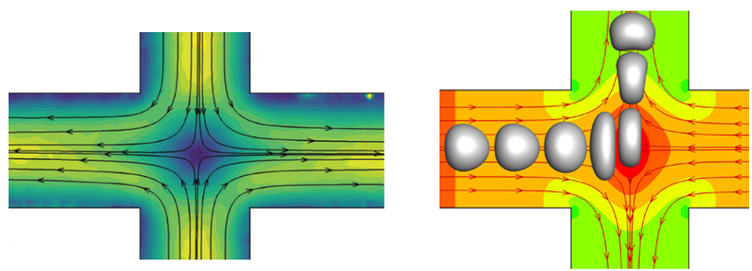 Probing viscoelastic flow with deformable particles: a numerical study in cross-slot geometries